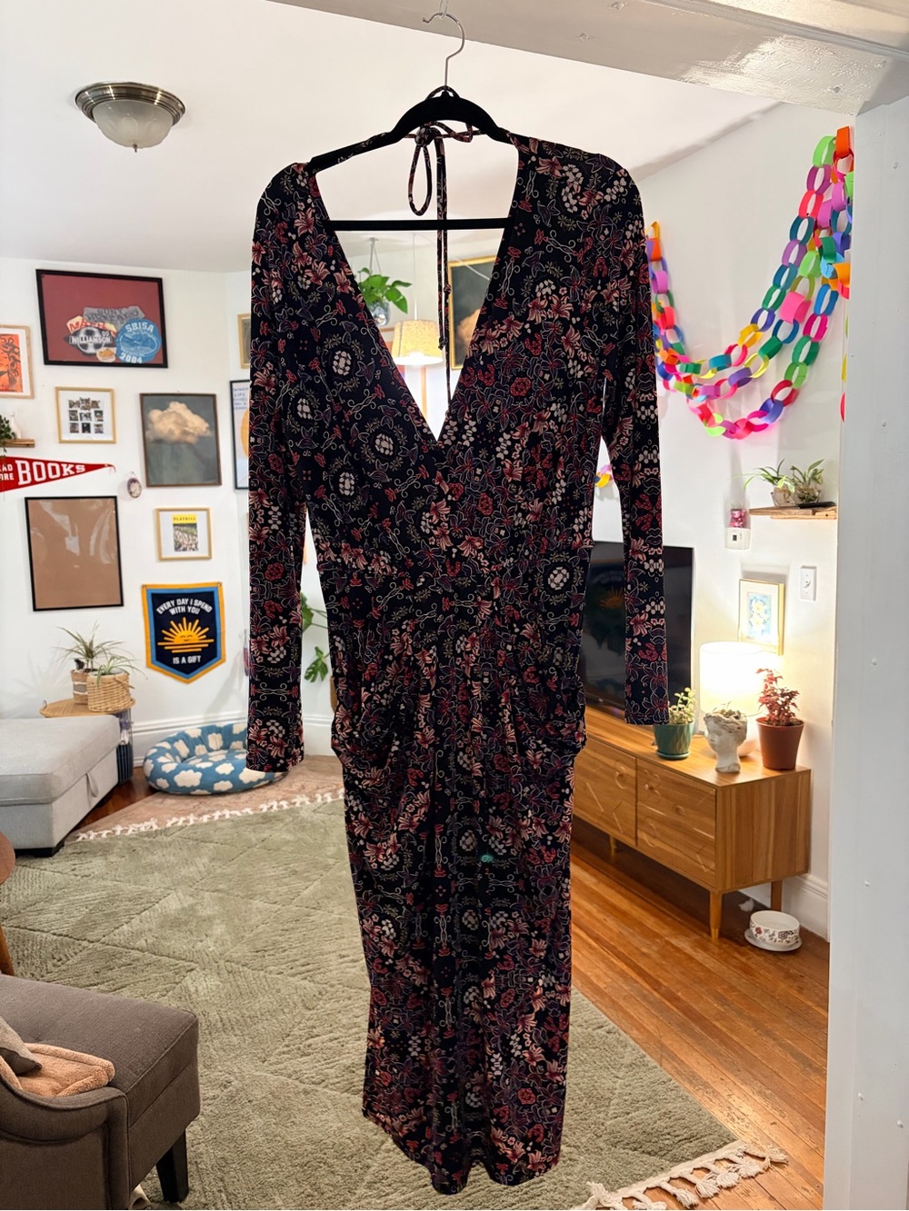 Floral Wrap-Style Black Maxi Dress with Long Sleeves
